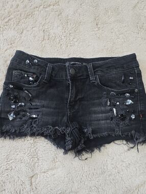 Zara Black Distressed Denim Shorts with Jewel Embellishments